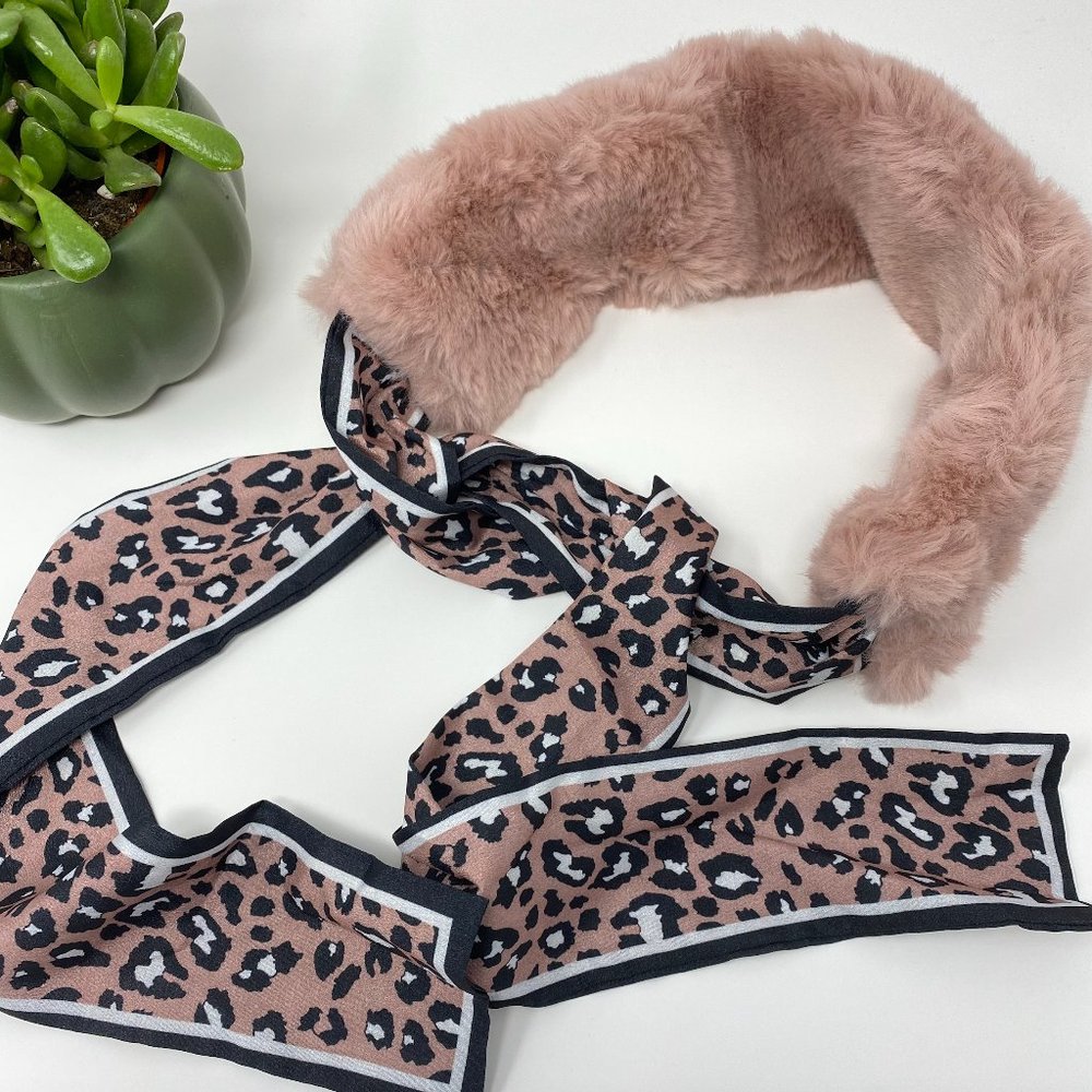 Women Scarf Bow Tie Warm Plush Fur Gold Leopard